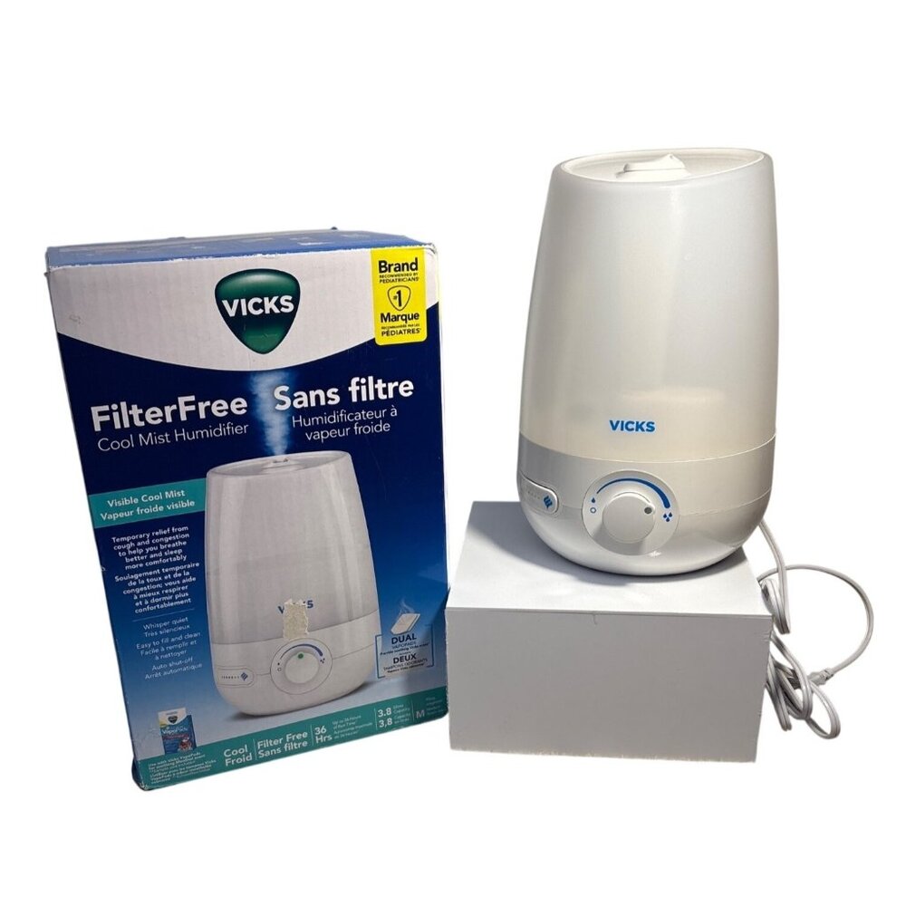 Vicks FilterFree Cool Mist Humidifier Dual VapoPads Compartment White 3.8L